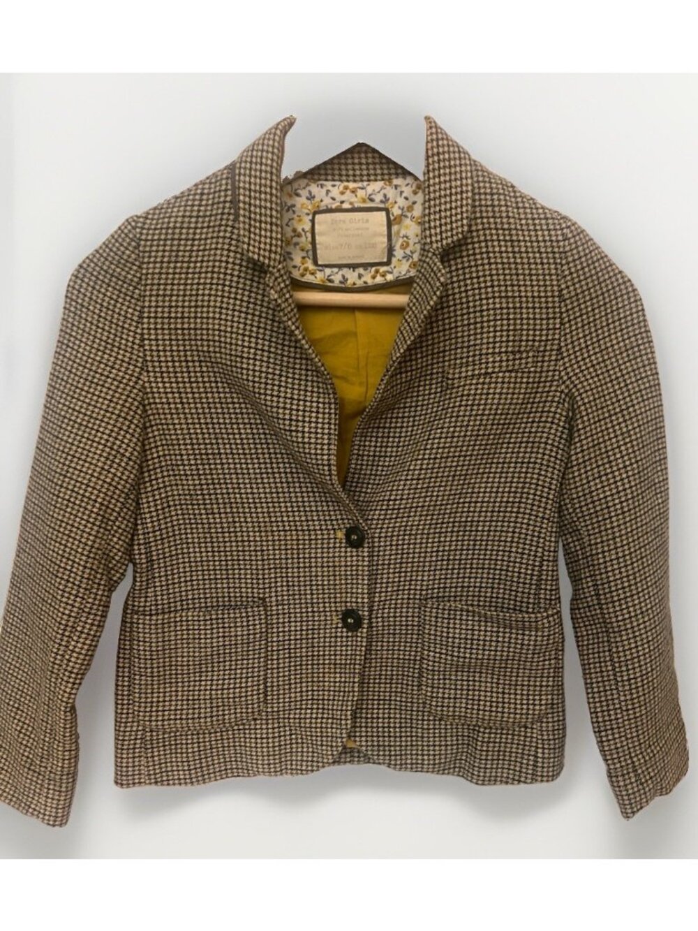 Zara Girls 7/8 Fitted Blazer Houndstooth Brown Academia Elbow Patch 90s Y2K. G